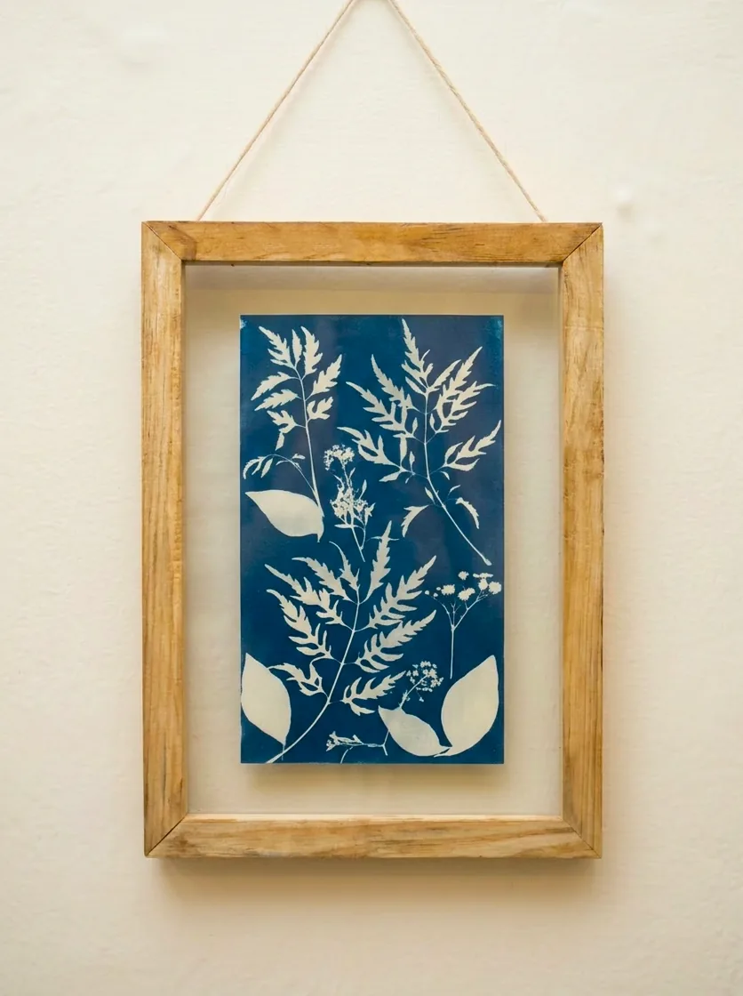 Framed cyanotype botanical print of layered fern and leaf silhouettes